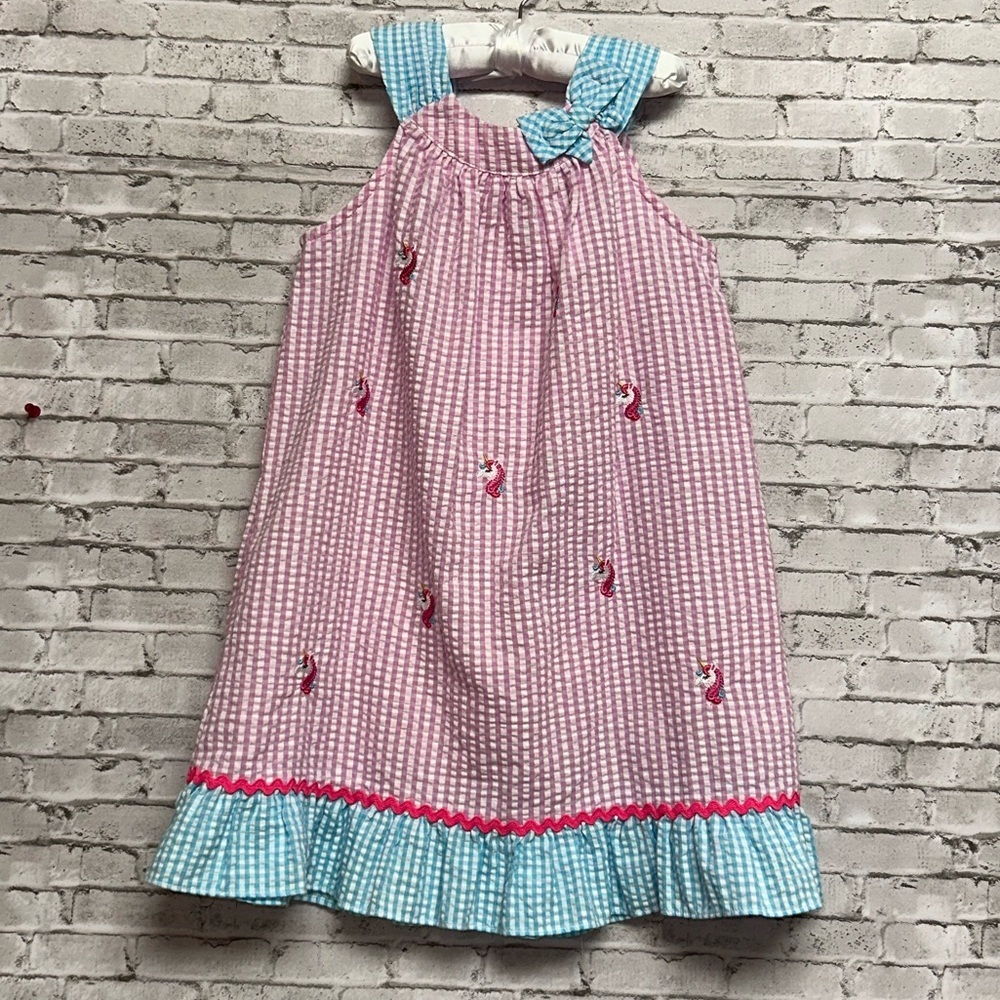 Emily Rose Unicorn Sundress Dress Size 5 Seersucker Girls Pink Blue